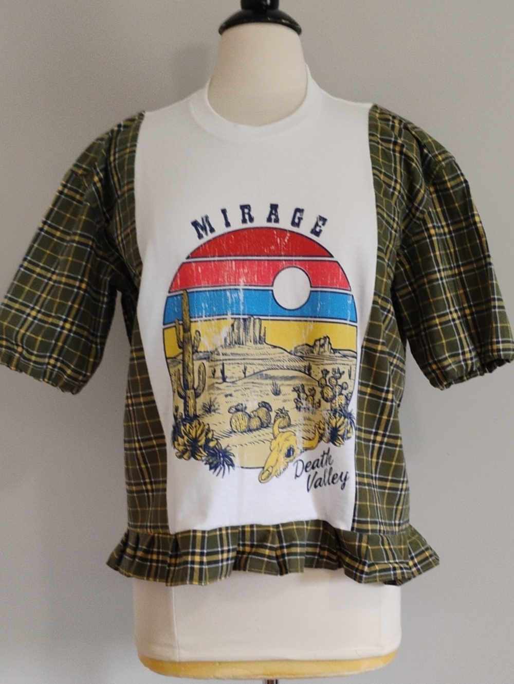 Death Valley Graphic Top - White & Olive Plaid - Upcycled T-shirt